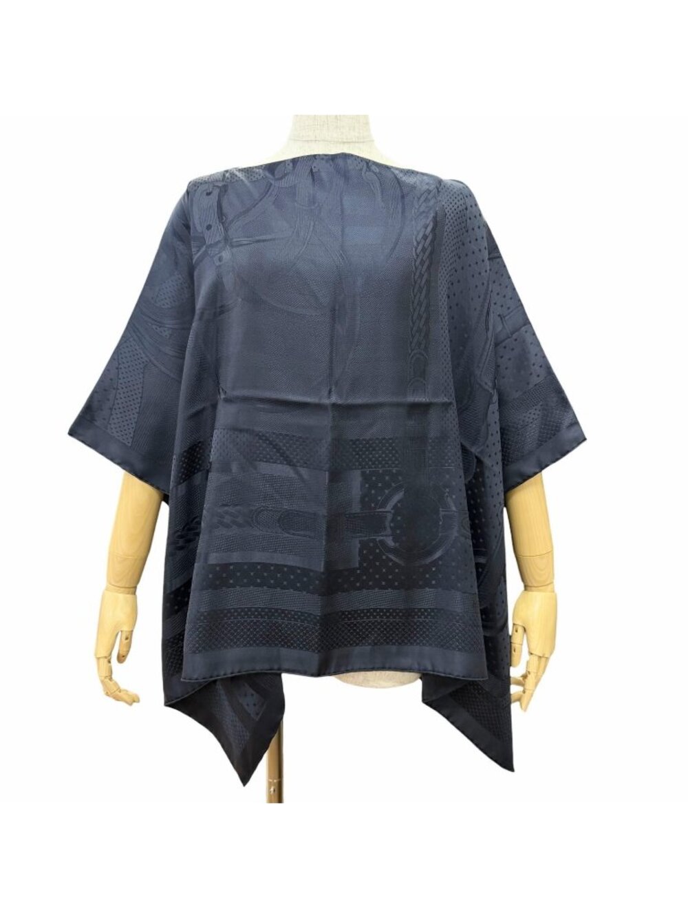 Hermes Dress Coaching 100% Silk Jacquard Weave Shoulder Shawl Poncho Navy